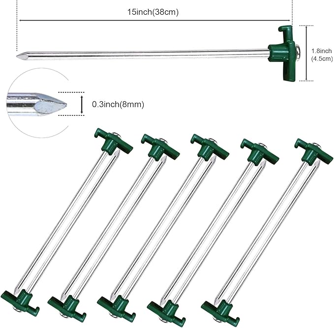 ABCCANOPY 15 Inch Tent Stakes 10 Pcs Non-Rust Metal Ground Anchors, Heavy Duty Spikes with 4 Ropes for Outdoor Camping, Green