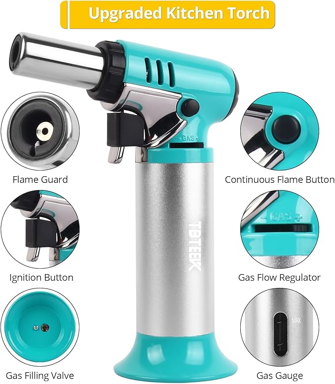 TBTEEK Butane Torch with Fuel Gauge T907, One-hand Operation Kitchen Torch Lighter with Adjustable Flame for BBQ, Baking, Brulee Creme, Crafts and Soldering(Butane Gas Not Included), Aqua