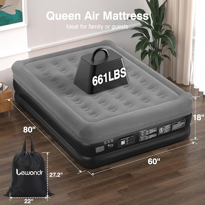 Queen Air Mattress with Built in Pump,16" Deluxe Blow Up Mattress Airbed, Comfy Self Inflating Air Mattress, 3Min Fast Inflatable Mattress for Camping, Home, Guests, Travel(661lb MAX), Gray