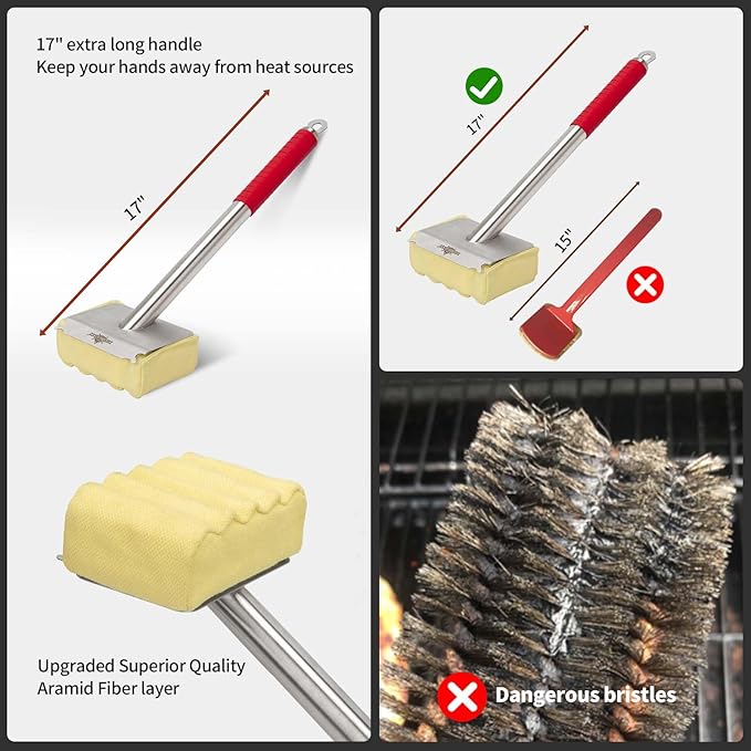 Grill Brush Bristle Free,Aramid Fiber Wavy Pad Seamless-Fit Cast Iron/Stainless-Steel Grates,BBQ Replaceable Scraper Cleaning Head,Safe Grill Cleaner for Outdoor Grill,Gifts for Men/Dad