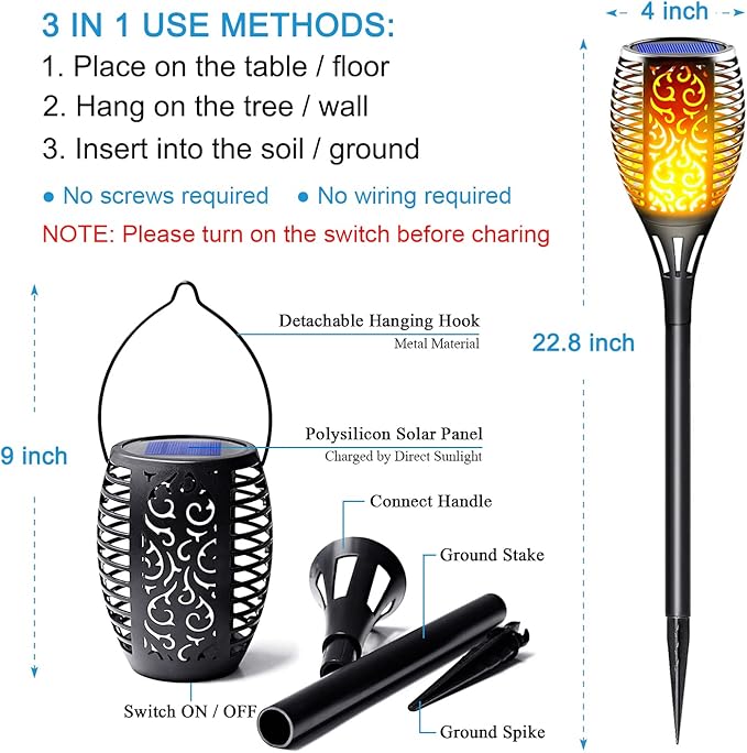 4 Pack Solar Tiki Torch Lights Outdoor Waterproof - Realistic Flickering Flame Fire Effect, 3-in-1 Hanging Lantern with Detachable Hook - Auto On/Off for Patio, Garden, Yard, Pathway Decor