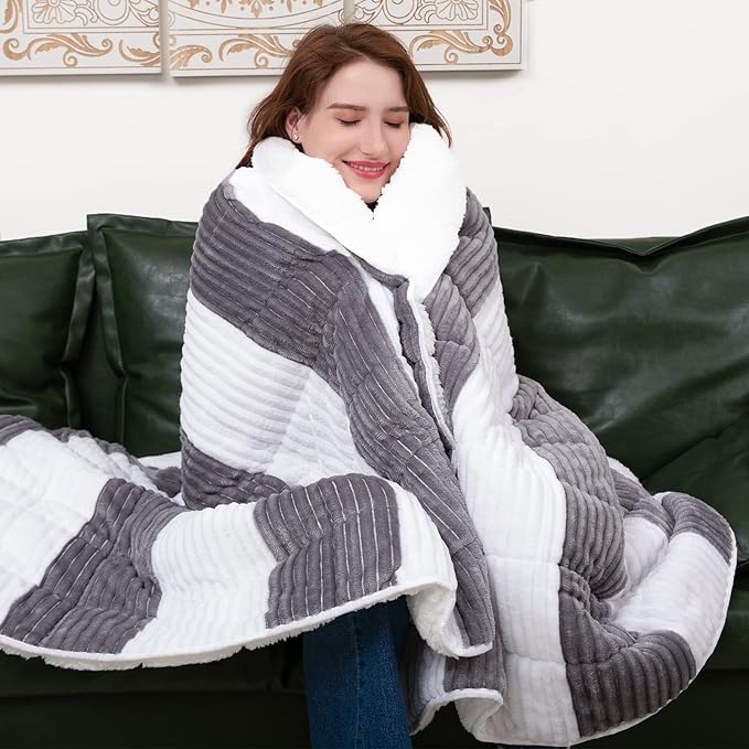 Weighted Blanket for Adults (15lbs, 60"x80" Queen Size) - Sherpa Fuzzy Heavy Blanket for 120-160lbs with Premium Glass Beads - Soft Thick Blanket for All-Season Sleeping Comfort - Grey
