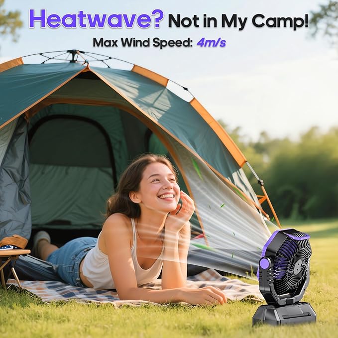 AJVV Camping Fan Rechargeable, Battery Powered Fan With Remote Controller, LED Light, Dual Motors, Stepless Speed, 45°/90°/270° Swing,Timer, Portable fan For Travel/Tent/Beach/Fishing,Violet