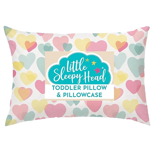 Little Sleepy Head Toddler Pillow with Pillowcase 13x18 - Kids Pillow for Sleeping - Toddler Pillow - Better Neck Support Ergonomic Pillow and Toddler Pillowcase - Best Pillows for Kids (Hearts)