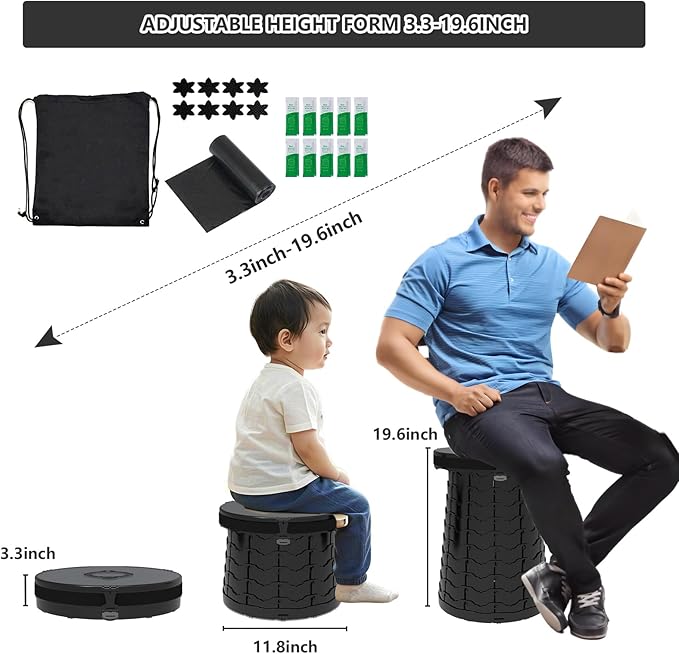 Camping Toilet Retractable Portable for Adults Kids, Adjustable Height Potty with Lid Foldable Design for Hiking, Car Travel, Truck, RV, Boating, Road Trips, Beach (Black)