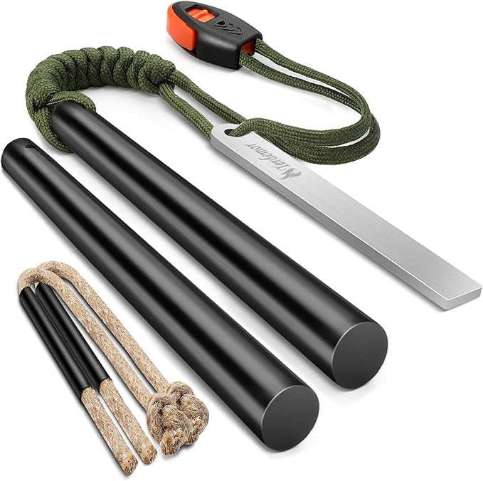 Ferro Rod Fire Starter Kit – Two 5" Flint and Steel with Two Waxed Tinder Cord & Paracord for Camping, Hiking, Outdoor Survival, Emergency Preparedness