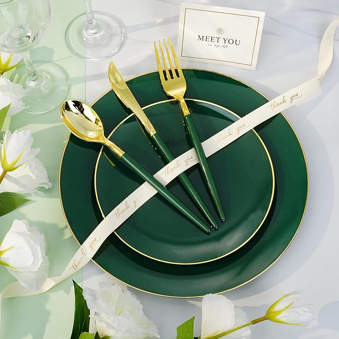 50PCS Green Gold Plastic Plates, Green Disposable Plates for Party, Wedding, Include 25 Dinner Plates, 25 Dessert Plates for 25 Guests