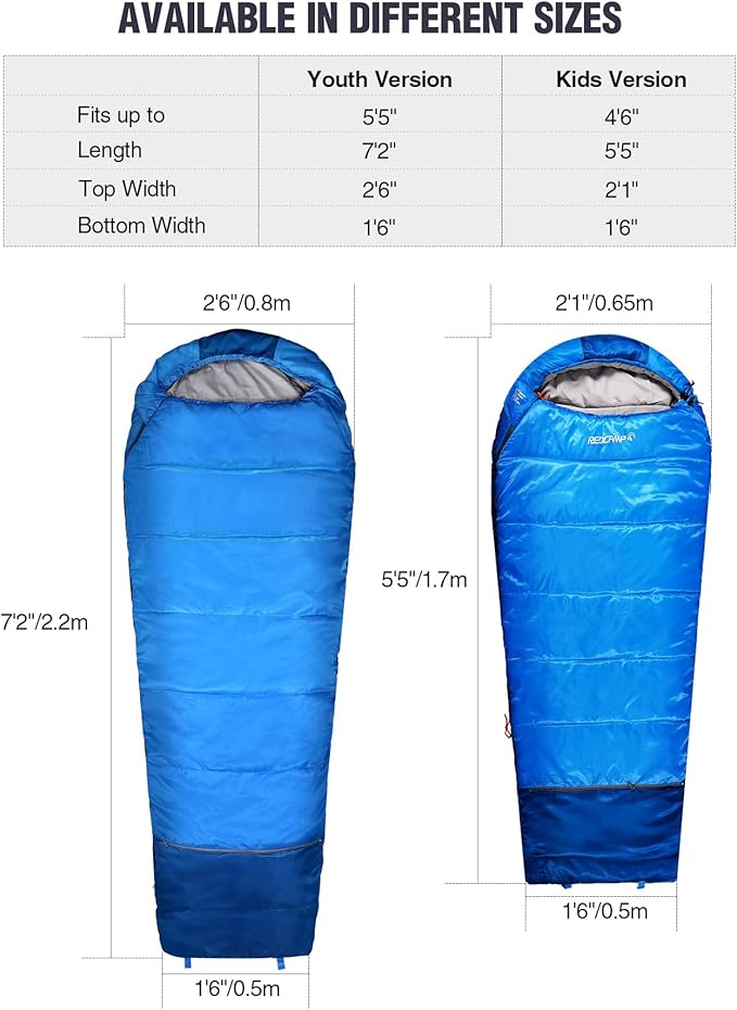 REDCAMP Kids Mummy Sleeping Bag for Camping, 3 Season Cold Weather Sleeping Bag Fit Boys,Girls & Teens, Blue/Rose Red