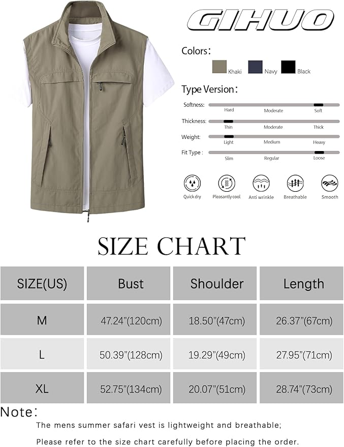 Gihuo Mens Casual Lightweight Travel Vest Summer Utility Safari Vest Sleeveless Jackets for Travel Hiking Fishing
