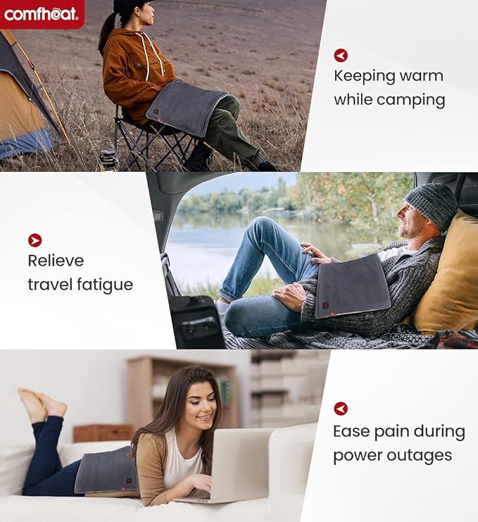 Portable Heating Pad with 5000mAh Battery, 1.7LB Weighted Heat Pad Rechargeable for 1-3H Warmth Outdoor Travel, 3 Heat Settings, 12" x 16", Grey