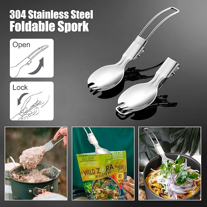 Odoland Camping Collapsible Silicone Cup and Bowl Set, Portable Mess Kit with Stainless Steel Spork and Lid for 1 Person Backpacking, Family Cookware, Hiking, Picnic, Travel