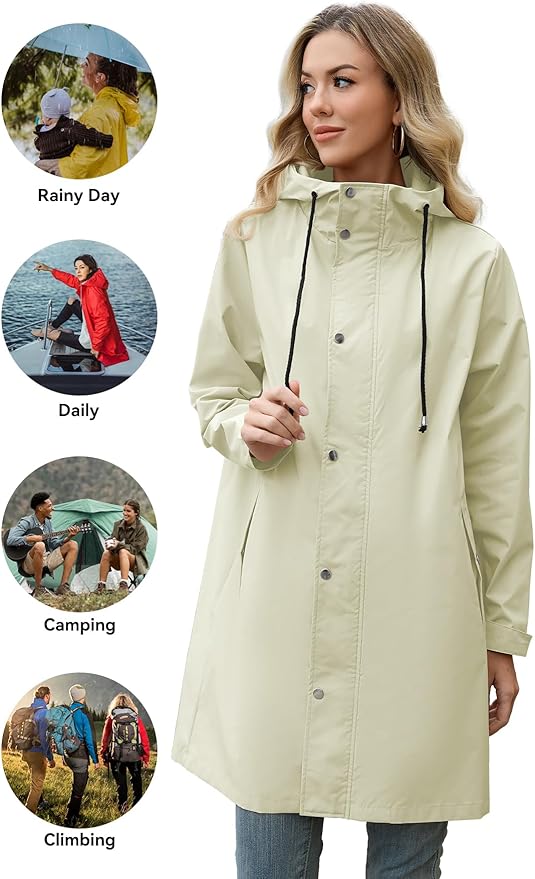 Zando Long Packable Rain Jacket Women Waterproof - Raincoat for Women Rain Coat with Hood Lightweight Outdoor Windbreaker