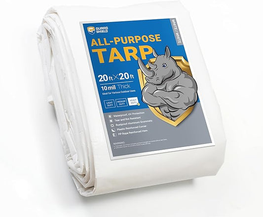 GUARD SHIELD Heavy Duty Tarp 20x20 Feet White Multi Purpose Thick Waterproof Poly Tarp Cover 10mil