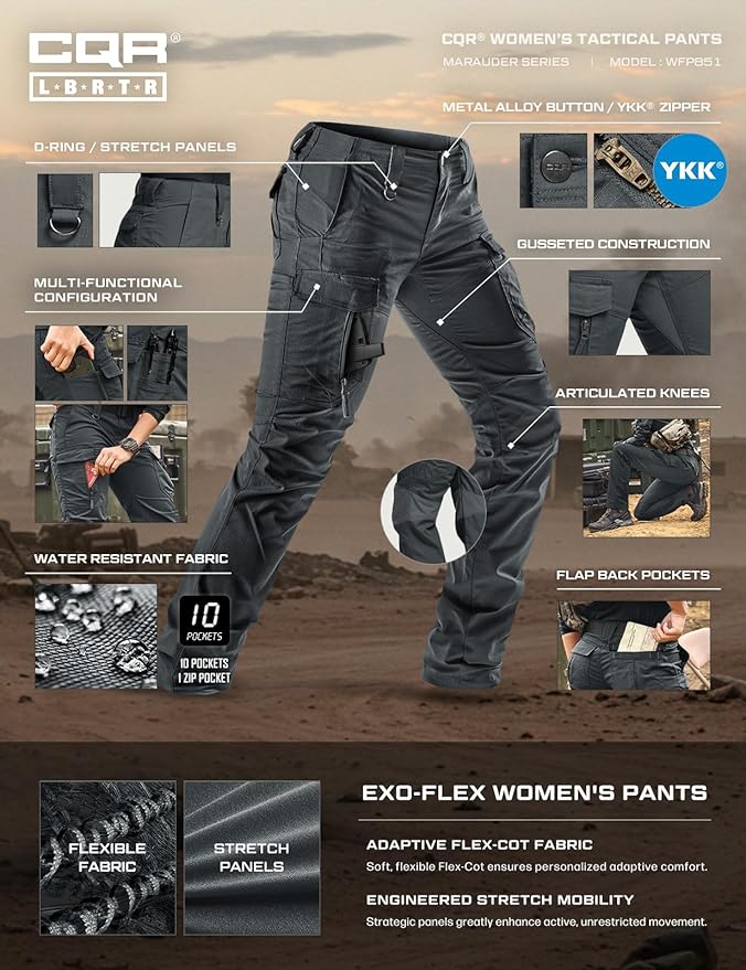 CQR Women's Flex Stretch Tactical Pants, Water Resistant Ripstop Cargo Work Pants with Pockets for Outdoor & Hiking