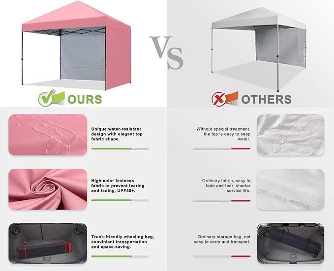 COOSHADE Pop Up Canopy Tent 10x10 with 2 Sidewalls, Outdoor Shade Instant Canopy Tents, Pink