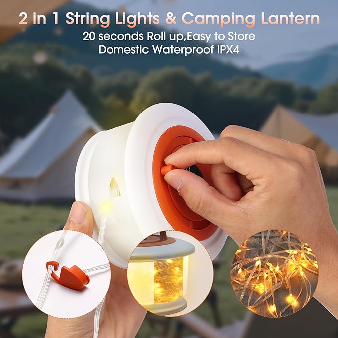 2 Pack Camping Lights String - 2 in 1 Upgraded 32.8ft Rechargeable 19 Lighting Modes Tent Lights for Camping, Quick Storage&Portable LED Lamp for Outdoor Patio Awning Garden Party Decor Essentials