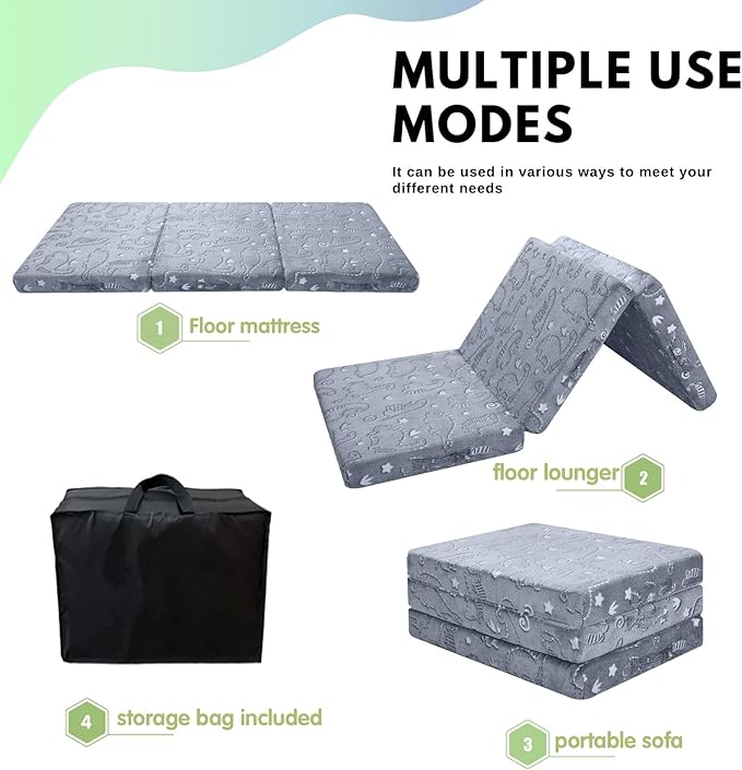 MeMoreCool Glow Dinosaur Foldable Floor Mattress for Kids, Trifold Nap Mat for Toddlers, Portable Daycare Sleeping Futon or Floor Bed, 63x26 Inch