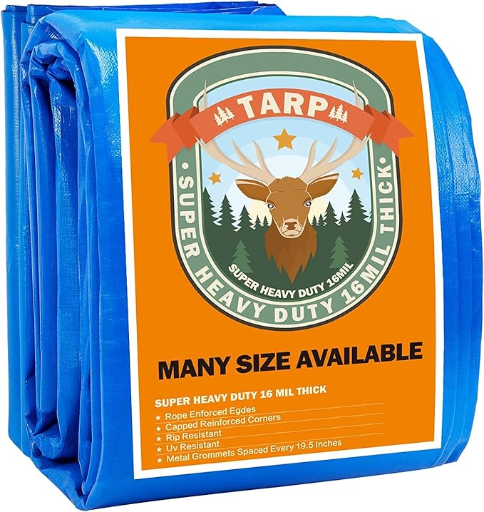 Blue Tarp, Tarps Heavy Duty Waterproof 16x16, Waterproof Plastic Poly 16 Mil Thick Tarpaulin with Metal Grommets Every 19.5 Inches - Emergency Rain Shelter, Outdoor Cover, and Camping Use