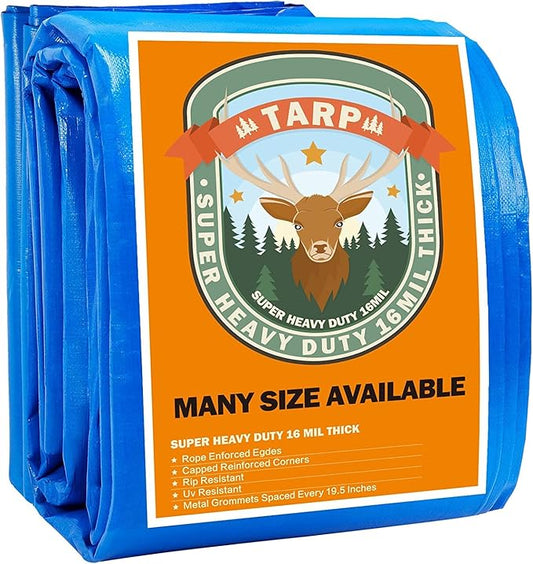 Blue Tarp, Tarps Heavy Duty Waterproof 8x16, Waterproof Plastic Poly 16 Mil Thick Tarpaulin with Metal Grommets Every 19.5 Inches - Emergency Rain Shelter, Outdoor Cover, and Camping Use