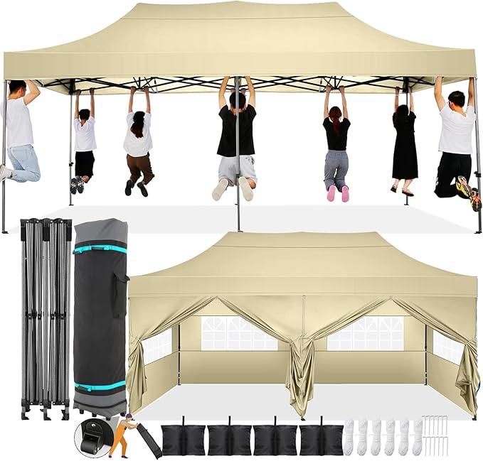COBIZI 10x20 Pop Up Canopy with 6 Sidewall,Heavy Duty Canopy UPF 50+ All Season Wind Waterproof Commercial Outdoor Wedding Party Tents for Parties Gazebo with Roller Bag(10 x 20 ft Khaki)