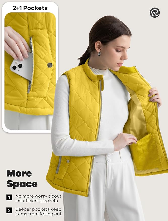 Women's Vest, Quilted Puffer Water-Resistant Zip With Pockets