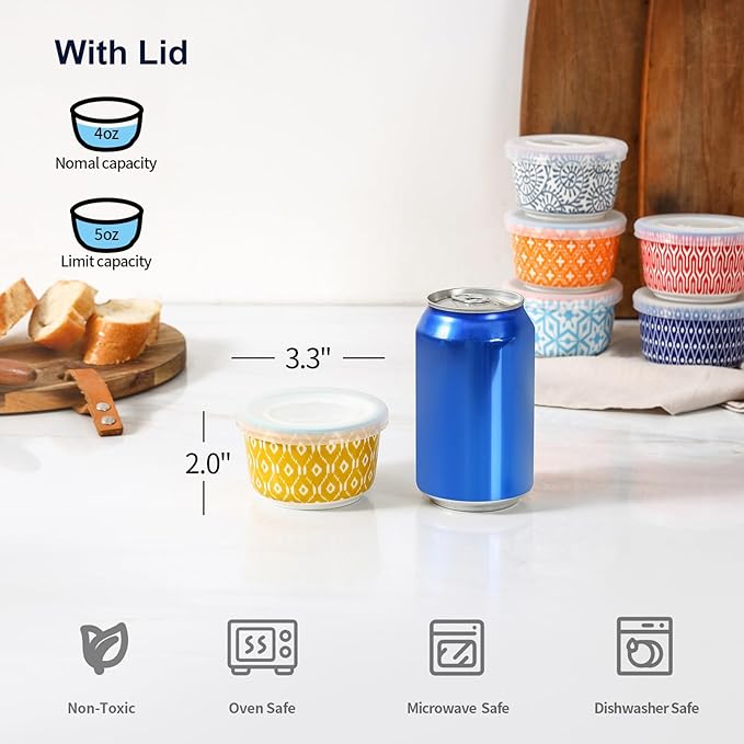 Selamica Ramekins with Lids 4 oz Oven Safe, Creme Brulee Ramekins Souffle Dishes with Covers, Stackable Ceramic Mini Ramekin Bowls Set for Dipping, Custard, Pudding, Baking, Set of 6, Assorted Colors