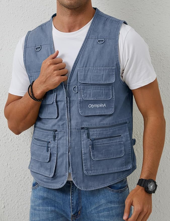 Gihuo Men's Fishing Vest Casual Utility Travel Safari Cargo Outdoor Work Photo Fly Vest Jacket with Multi Pockets