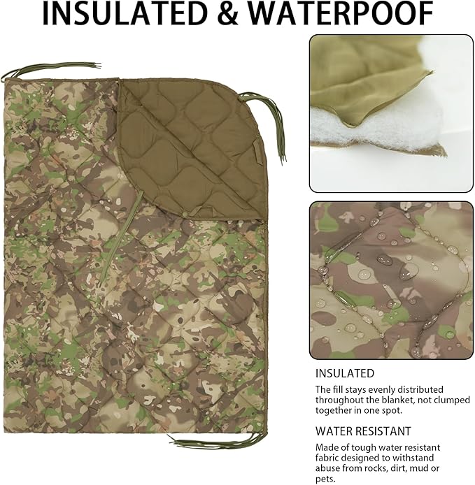 Military Poncho Liner 60”x 79” Camping Blanket Insulation Compact Waterproof for Travel Stadium Outdoor Camping