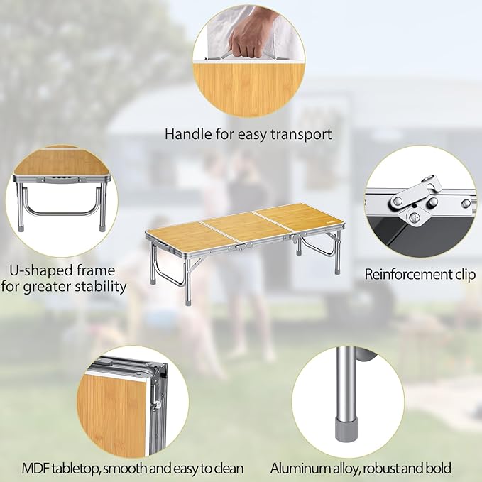 3ft Low Folding Picnic Table, Thicker Aluminum Small Camping Table with Storage Bag, Portable Handle, Lightweight, for Camping Beach Party Picnic Floor, 34.2" x 15.7" x 10.3", Yellow