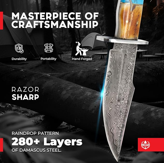 10.5" Handmade Damascus Steel Fixed Blade Bowie Hunting Knife with Leather Sheath -Bushcraft knife-Ideal For EDC,Camping Skinning,Outdoor-Best Hunting Knives For Men.Ram Horn,Turqouise Stone & Camel Bone Handle.