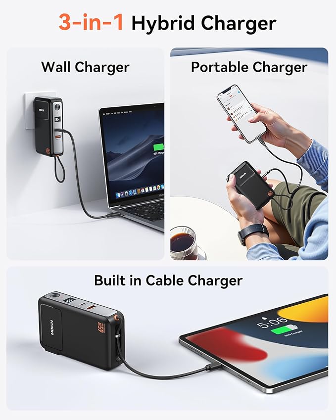 Portable Charger 3 in 1, 10000mAh Power Bank Built in Cable and AC Wall Plug 65W, Phone Battery Pack Fast Charging 35W Max, USB C Travel Chargers for iPhone 16 15 Series, Samsung, MacBook, Laptop