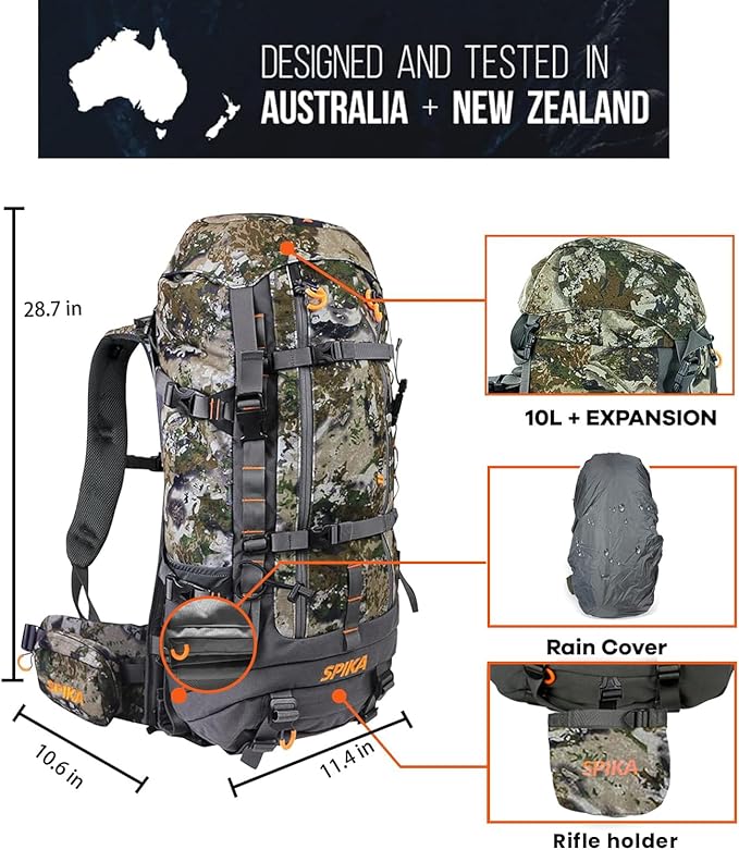 SPIKA Hunting Backpacks for Men, Meat Hauler Frame Pack with Rifle Holder, 40L/80L Extendable + Capacity for Bow Rifle Gun