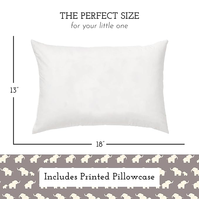 Little Sleepy Head Toddler Pillow with Pillowcase 13x18 - Kids Pillow for Sleeping - Better Neck Support Ergonomic Pillow and Toddler Pillowcase - Best Pillows for Kids (Elephant Gray)
