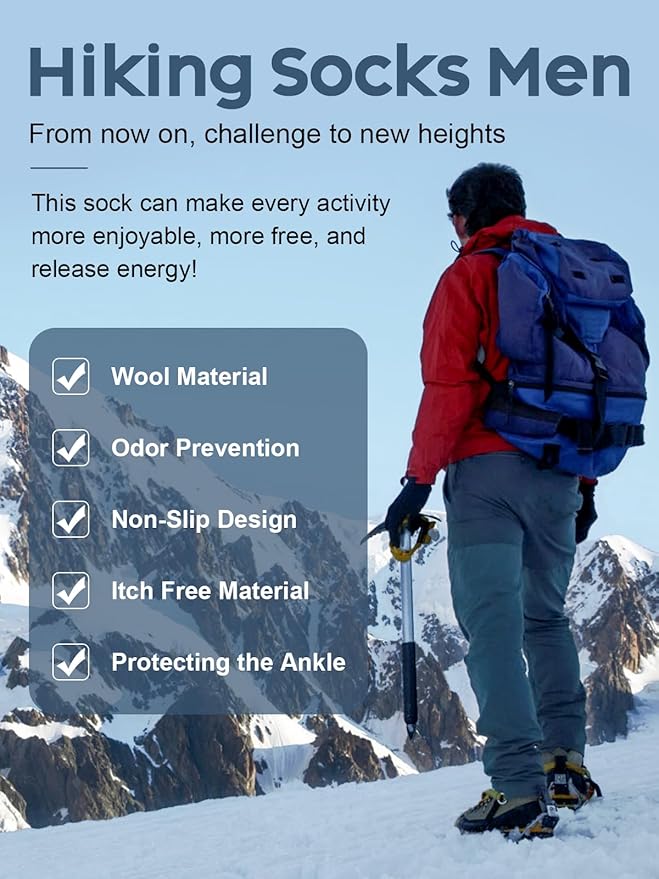 Senker Fashion Merino Wool Hiking Socks for Men, Warm Crew Socks W/Cushion Moisture Wicking for Trekking Work Outdoor