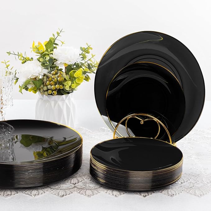 100PCS Black Plastic Plates with Gold Rim, Black Gold Disposable Plates for Party, Graduation and Wedding, Include 50 Dinner Plates, 50 Dessert Plates for 50 Guests