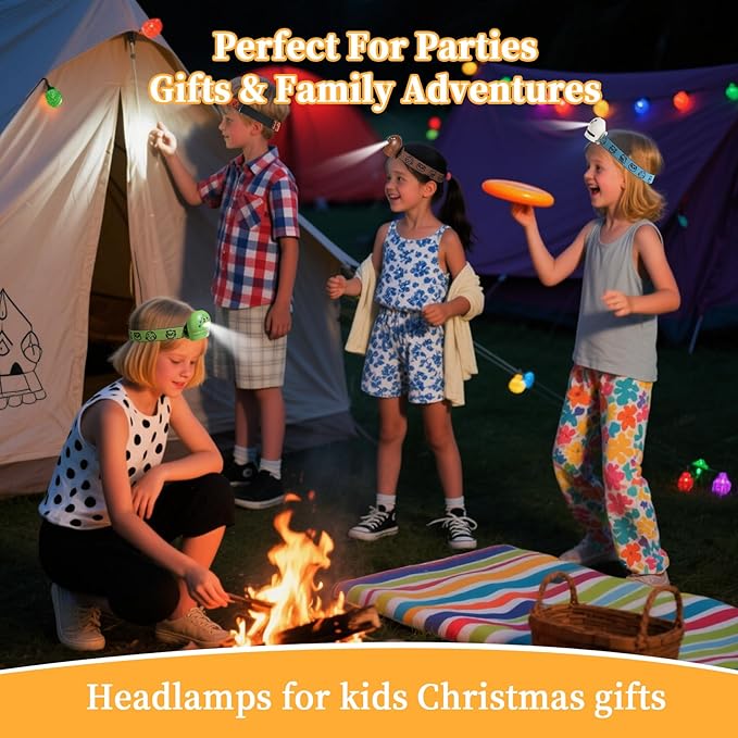 KunHe 4 Pack Kids Headlamp Christmas Stocking Stuffers Gifts for Girls Boys Adjustable LED Headlight for Camping Running with Animal Designs & Batteries Included