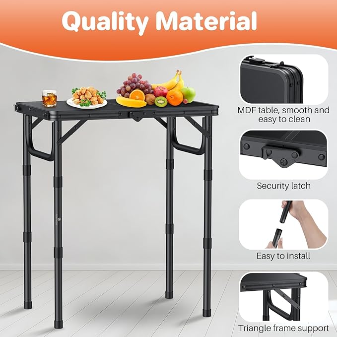 FUNYKICH 2ft Small Folding Camping Table(22.8'' Lx15.7'' W), 3 Height Adjustable Portable Picnic Table, Lightweight Aluminum Outdoor Table with Carry Handle for Camping, Beach, Picnic, Party, Black