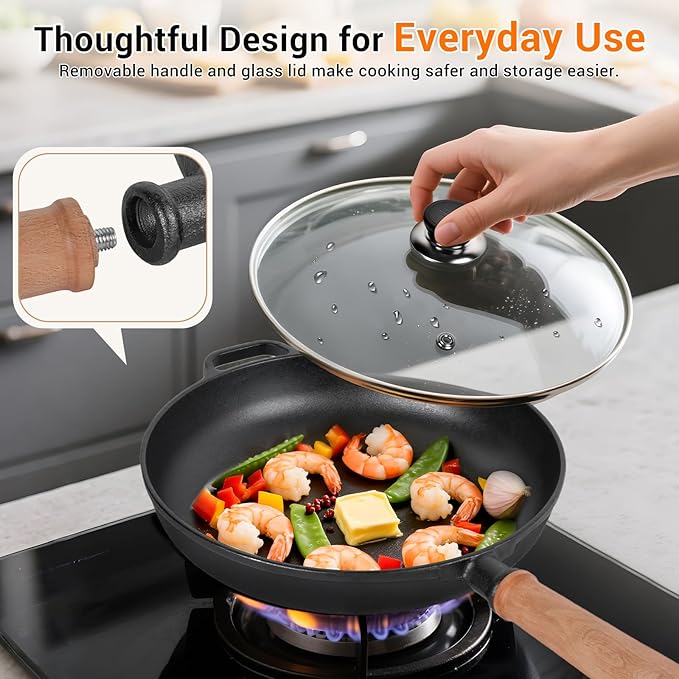 12" Cast Iron Skillet with Lid & Removable Wooden Handle, Pre-Seasoned Frying Pan for Stove, Oven, Grill & Campfire Cooking (1, 12")