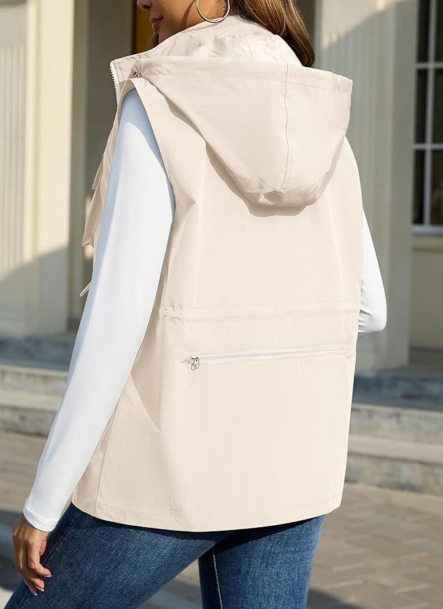 PESION Womens Packable Military Utility Vests Outerwear Waterproof Windbreaker Jacket Cargo Vest with Removable Hood