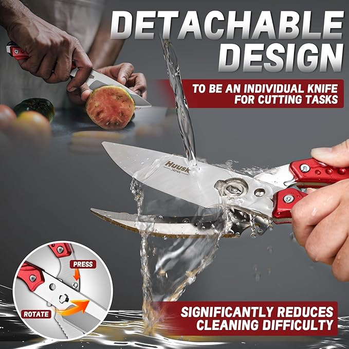 Huusk Kitchen Scissors All Purpose Detachable Poultry Shears with Serrated Edge Heavy Duty Cooking Scissors for Chicken Bone Turkey Fish Burgundy