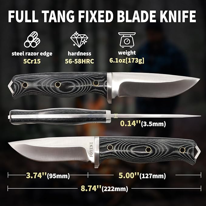 Survival Hunting Knife with Kydex Sheath,8.74" Full Tang Fixed Blade Knife,Micata Handle for Camping,Fishing,Hiking,Outdoor,Bushcraft