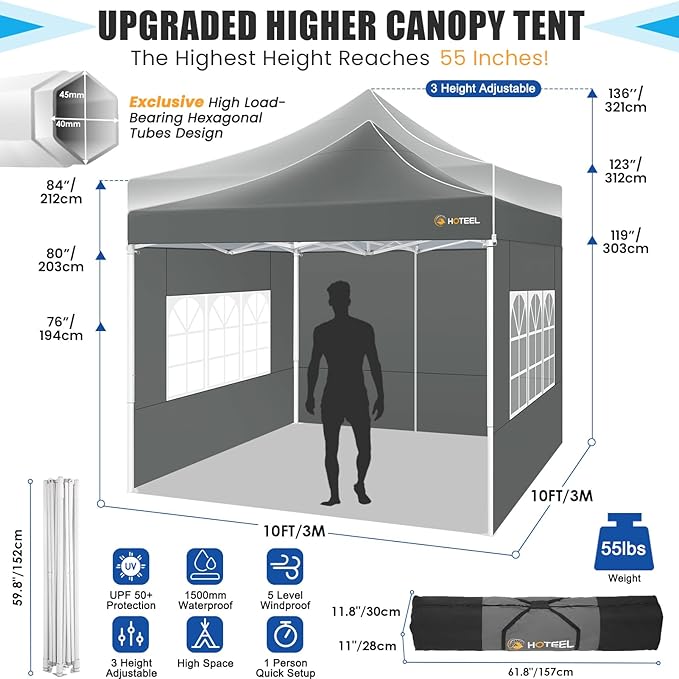 HOTEEL Pop Up Canopy Tent 10x10 with Sidewalls, Commercial Instant Waterproof Canopy for Vender Patio, UV 50+ with Silver Coated, Upgraded Thickened Hexagonal Legs, Gray