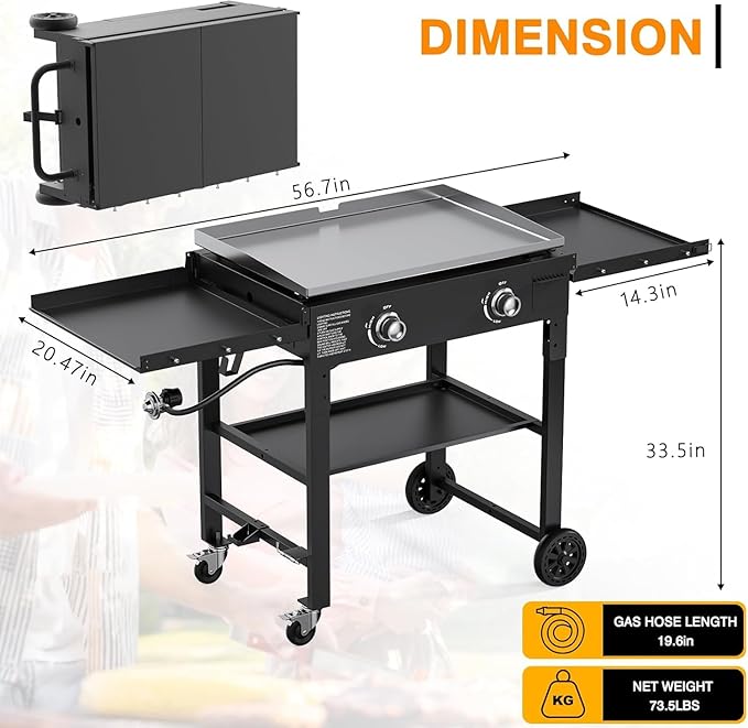 2 Burner Foldable Gas Griddle, 28 Inch Stainless Steel Portable Detachable Propane Griddle, 30,000 BTU Flat Top Barbecue Grill with Side Shelves for Camping
