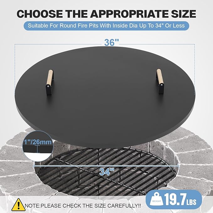 Fire Pit Lid Round 36", Heat Resistant Metal Firepit Cover with 2 Wooden Handles for Round Patio Fire Pit, Compatible for Firepits Inside Dia Up to 34"