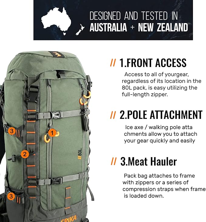 SPIKA Hunting Backpacks for Men, Meat Hauler Frame Pack with Rifle Holder, 40L/80L Extendable + Capacity for Bow Rifle Gun