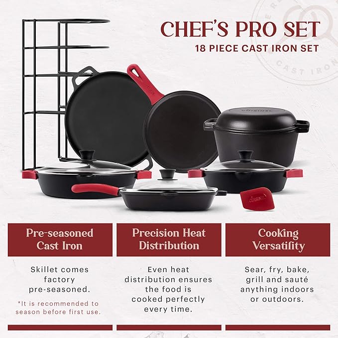 Cuisinel Cast Iron 18-Piece Preseasoned Cookware Set: 10"+12" Skillets w/Lids + 5-Qt Dutch Oven + 10.5" Square Grill Pan w/Lid + Pizza Pan + Round Griddle + 15" Organizer +Scraper + Silicone Handle