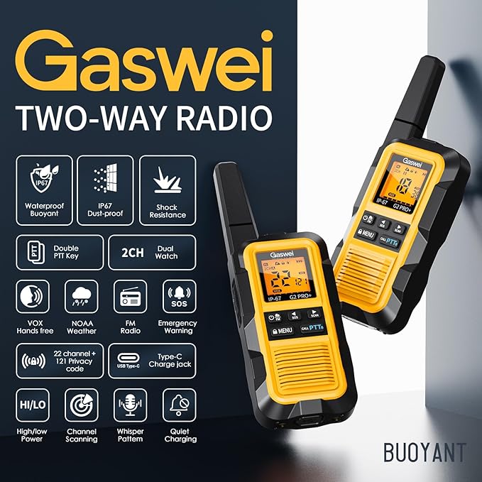 G2Pro+ IP67 Waterproof Floating Walkie Talkies with Double PTT, FM Radio, SOS & NOAA Weather Alerts, 2W Long Range Two-Way Radios for Adults, VOX Enabled, Rechargeable Lithium Battery (4 Pack)