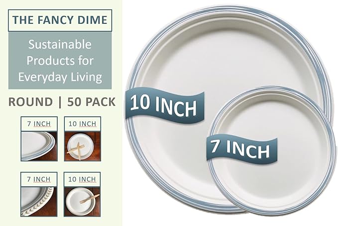 Disposable Paper Plate: Heavy Duty Elegant Eco-Friendly Compostable Paper Plates (50 Count), Tree Free Sugarcane Plate with Color Party Plate (7 inch Blue Dessert/Appetizer Plate)