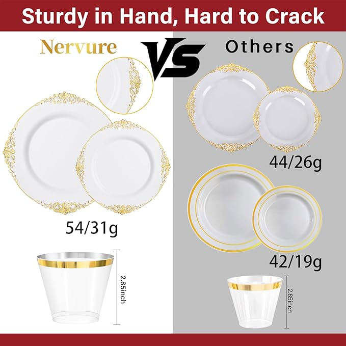 Nervure 175PCS Gold Plastic Plates - Disposable White Gold Party Plates & Pre Rolled Napkins with Cutlery for 25 Guests, 50Plates, 75Silverware, 25Cups, 25Napkin for Wedding & Party & Thanksgiving