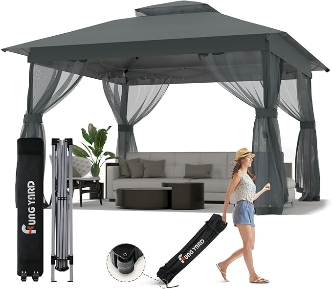 Pop Up Gazebo 11x11 - Outdoor Canopy Tent with Mosquito Netting & Wheeled Carry Bag, Double Roof Gazebos for Backyard Party Garden Wedding Camping (Gray, 11x11)